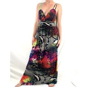 Abstract Colorful Y2K Maxi Dress M Statement Resort Dopamine Cross Strap Stretch